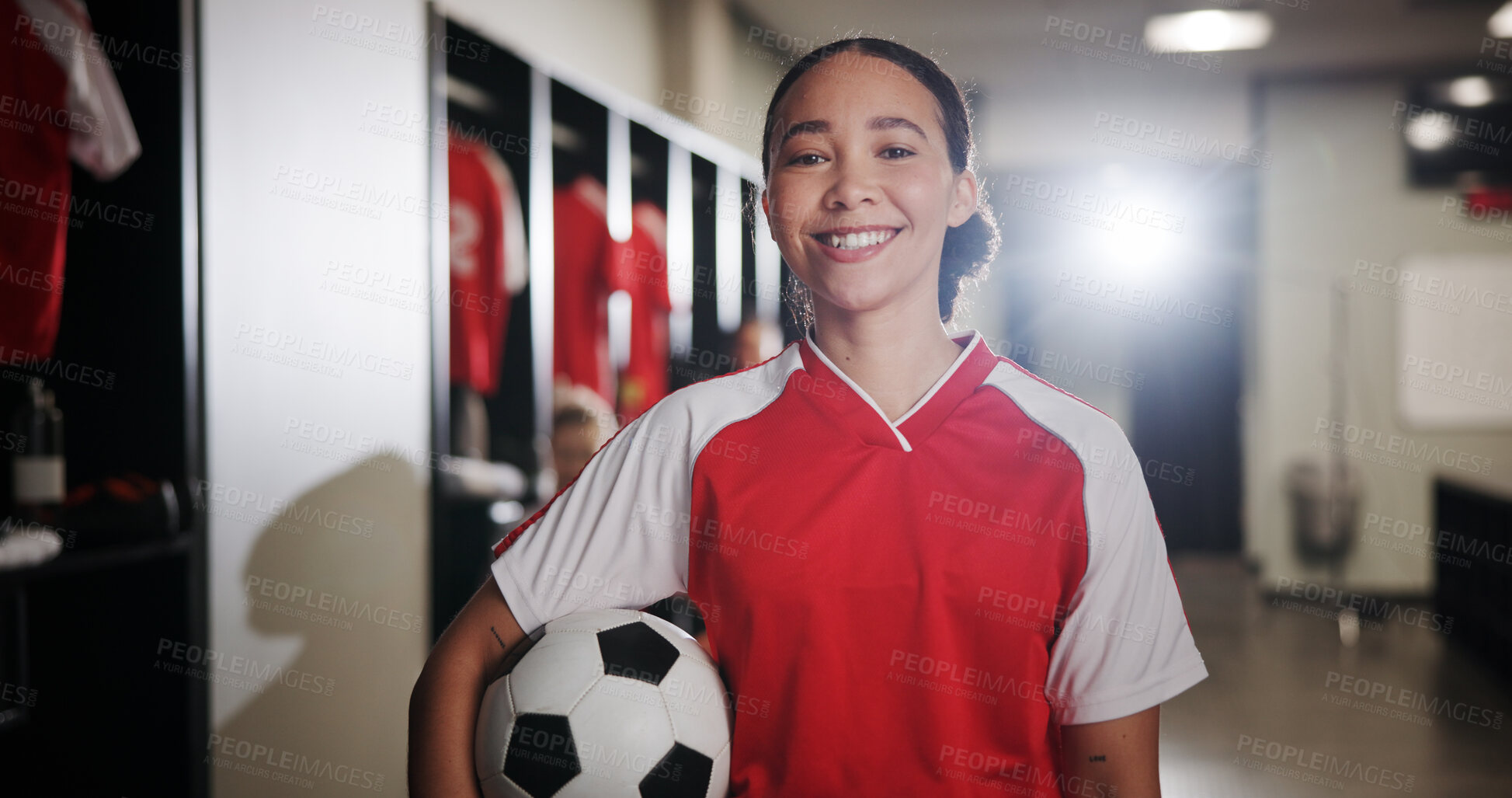 Buy stock photo Locker room, woman and portrait with soccer ball for sports, match competition and athlete with smile. Changing area, player and female person with happiness for playing football, game and confident