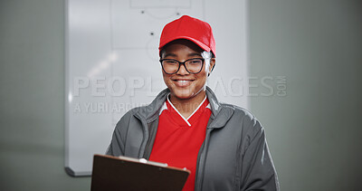 Buy stock photo Happy woman, portrait and coach with clipboard for soccer match, professional sport or game time. Face, female person or coordinator with smile or whiteboard for training, competition or motivation