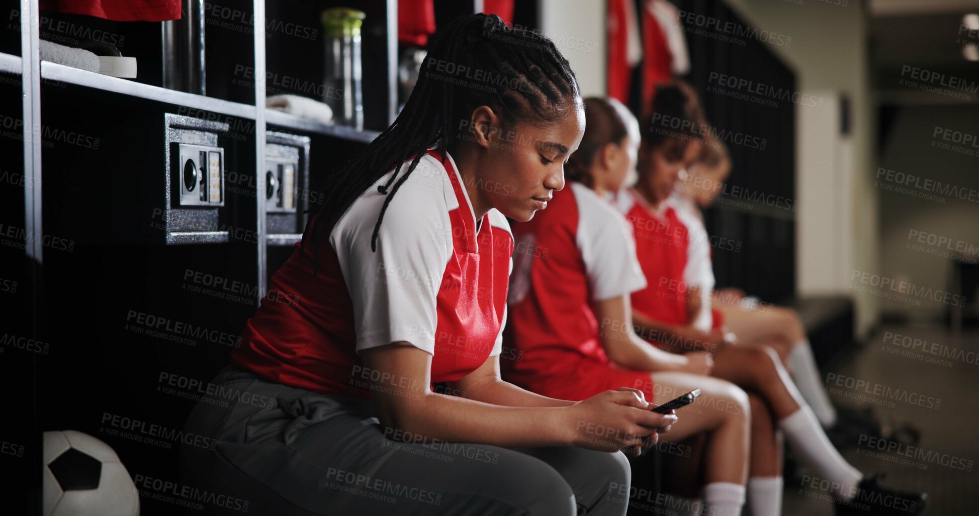 Buy stock photo Sports, texting and woman with smartphone, locker room and communication on social media and online. Gym, soccer player and person with mobile for chat, typing and girl with sportswear for match