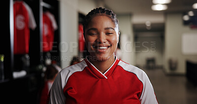 Buy stock photo Happy, black woman or soccer player in portrait for sports, match competition or tournament. Locker room, development or girl in changing area ready for football game, challenge or playing in contest