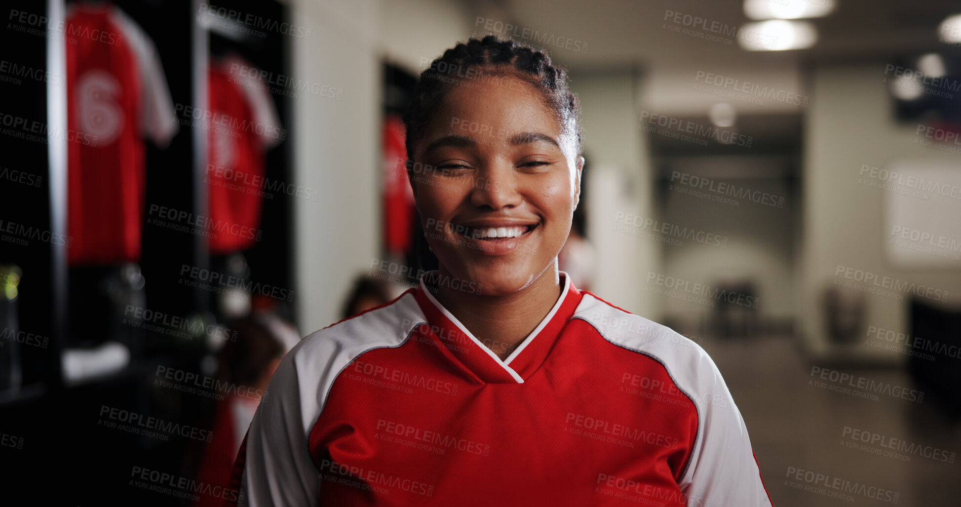 Buy stock photo Happy, black woman or soccer player in portrait for sports, match competition or tournament. Locker room, development or girl in changing area ready for football game, challenge or playing in contest
