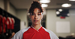 Serious, girl or soccer player in portrait for sports, match competition or tournament. Locker room, development or woman in changing area ready for football game, challenge or playing in contest