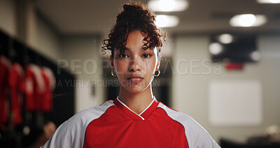 Buy stock photo Serious, girl or soccer player in portrait for sports, match competition or tournament. Locker room, development or woman in changing area ready for football game, challenge or playing in contest