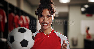 Buy stock photo Locker room, woman and portrait with soccer player for sports, match competition and athlete. Changing area, professional and female person with smile for football, game and confident for playing