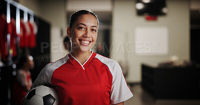 Buy stock photo Locker room, woman and portrait with football for sports, match competition and athlete with smile. Changing area, player and female person with happiness for soccer, game and confident for playing