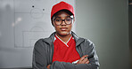 Black woman, portrait or soccer coach with confidence for leadership, professional sport or coordinator. Female person, football trainer or manager with arms crossed for game plan or player formation