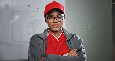 Buy stock photo Black woman, portrait or soccer coach with confidence for leadership, professional sport or coordinator. Female person, football trainer or manager with arms crossed for game plan or player formation