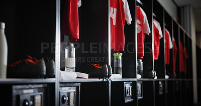 Buy stock photo Empty, soccer equipment or locker room with gear for sport, fitness or training center. Row, line or aisle with clothing, water bottle or safe for fitting facility, interior or fashion of sportswear