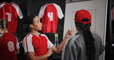 Buy stock photo Woman, coach and writing on board for sports planning, game plan and strategy of football formation. Player, mentor and drawing sketch for soccer preparation, match information and direction of field