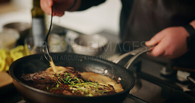 Buy stock photo Hands, cooking and chef with pot, meal and preparation for dinner in kitchen, cuisine and restaurant. Catering, employee and person with food for supper, hospitality and skills for gourmet in diner