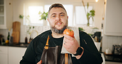 Buy stock photo Cooking, portrait and man in kitchen, tomato and influencer with instructions, ingredients and vegetables. Face, person or chef with recipe, home or live streaming with video broadcasting or tutorial