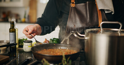 Buy stock photo Hands, cooking and chef with spice, pot and preparation for dinner in kitchen, cuisine and restaurant. Catering, employee and person with food for supper, hospitality and skills for gourmet in diner