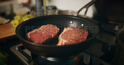 Buy stock photo Cooking, stove and steak in pan in kitchen for culinary skill, recipe and meal prep for dinner. Food, fine dining and closeup with beef, meat and sauce for gourmet dish, ingredients and cuisine