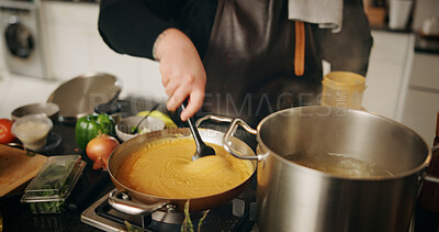 Buy stock photo Hands, cooking and chef with pot, catering and preparation for dinner in kitchen, cuisine or restaurant. Culinary, employee and person with food for supper, hospitality or skills for gourmet in diner