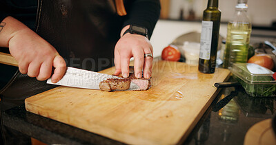 Buy stock photo Kitchen, hands or man with steak, cutting or culinary skills with food, meal prep or healthy ingredients. Person, closeup or chef with wood board, home or beef cuisine with knife, nutrition or recipe