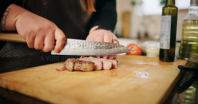 Buy stock photo Home, hands and man with meat, cutting and culinary skills with food, recipe and healthy ingredients. Person, closeup and chef with wooden board, steak and cuisine with knife, nutrition and meal prep
