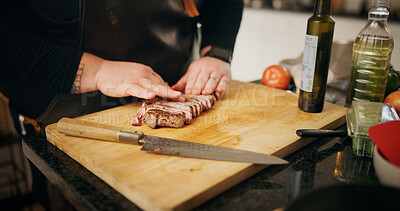 Buy stock photo Home, hands and man with steak, cutting or culinary skills with food, recipe or healthy ingredients. Person, closeup or chef with wooden board, meat or beef cuisine with knife, nutrition or meal prep