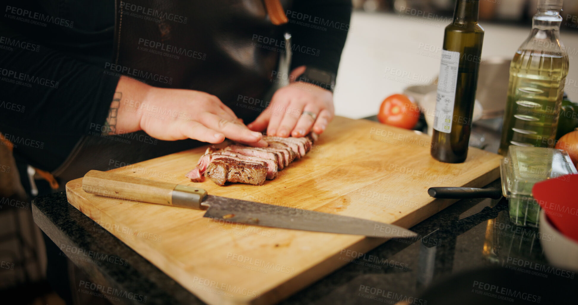 Buy stock photo Home, hands and man with steak, cutting or culinary skills with food, recipe or healthy ingredients. Person, closeup or chef with wooden board, meat or beef cuisine with knife, nutrition or meal prep