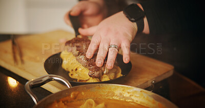 Buy stock photo Hands, cooking and chef with plate, catering and preparation for dinner in kitchen, meal and restaurant. Recipe, pasta and steak for supper in diner, hospitality and culinary skills for gourmet
