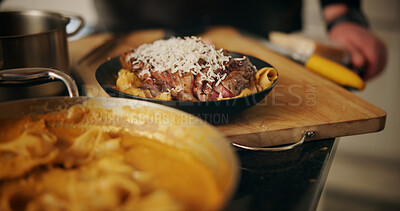 Buy stock photo Cooking, food and steak plate in kitchen for dinner recipe, meal presentation and gourmet cuisine. Closeup, person or lunch preparation with healthy ingredients, catering service or protein nutrition