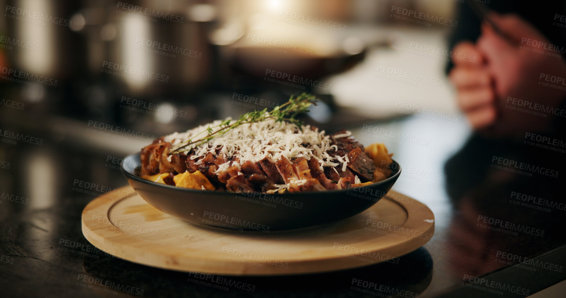 Buy stock photo Cooking, food and steak dish in kitchen for dinner recipe, meal presentation and gourmet cuisine. Garnish, chef and lunch preparation with healthy ingredients, catering service and protein nutrition