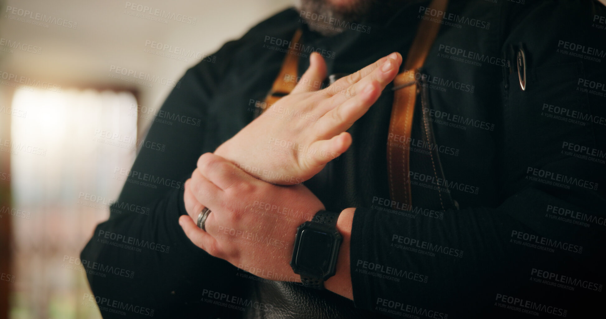 Buy stock photo Person, hands and wrist pain with injury for carpal tunnel syndrome, joint inflammation or cramp at home. Closeup, chef or culinary artist with sore ache, arthritis or muscle tension for 