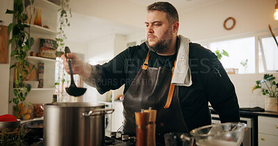 Buy stock photo Man, food and meal prep in kitchen for recipe, diet and lunch or cooking soup. Nutrition, cuisine and dinner with male chef and gourmet skills at home for wellness, dining and healthy ingredients