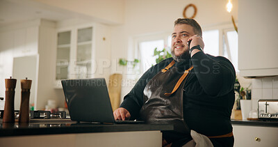 Buy stock photo Phone call, chef and man with smile, kitchen and communication with supplier for ingredients order. Talking, cook and person with mobile for chat with contact, house and planning for menu with laptop