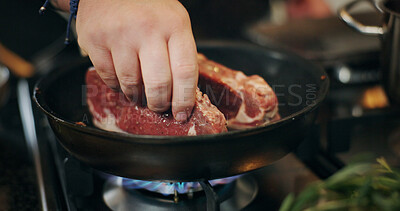 Buy stock photo Cooking, hands and chef with steak in pan in kitchen for culinary skill, recipe and meal prep for dinner. Food, frying and person with beef, meat and sauce for gourmet dish, ingredients and cuisine