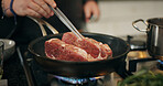 Cooking, stove and chef with meat in pan in kitchen for culinary skill, recipe and meal prep for dinner. Food, sear and person with beef, steak and protein for gourmet dish, ingredients and cuisine