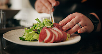 Buy stock photo Hands, chef and meal for restaurant, healthy food and preparation for brunch in kitchen or cuisine. Catering business, employee and person with salad for lunch, cooking or skills for gourmet in diner