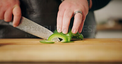 Buy stock photo Home, hands and cutting vegetables with man, nutrition and meal prep with culinary skills, cook and ingredients. Closeup, expert or chef with utensils, recipe or chopping board with cuisine or pepper