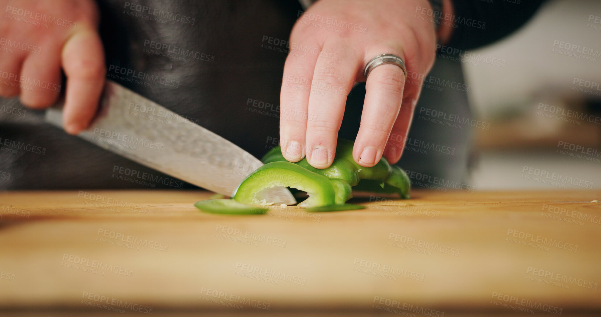 Buy stock photo Home, hands and cutting vegetables with man, nutrition and meal prep with culinary skills, cook and ingredients. Closeup, expert or chef with utensils, recipe or chopping board with cuisine or pepper