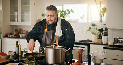 Buy stock photo Man, chef and meal prep in kitchen for nutrition, diet and lunch or cooking in pan. Recipe, cuisine and dinner with food and gourmet skills at home for wellness, small business or healthy ingredients