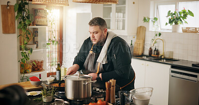 Buy stock photo Man, chef and cooking in kitchen for meal prep, diet and lunch or dinner service. Recipe, cuisine and nutrition with food or gourmet skills at home for wellness, small business or healthy ingredients