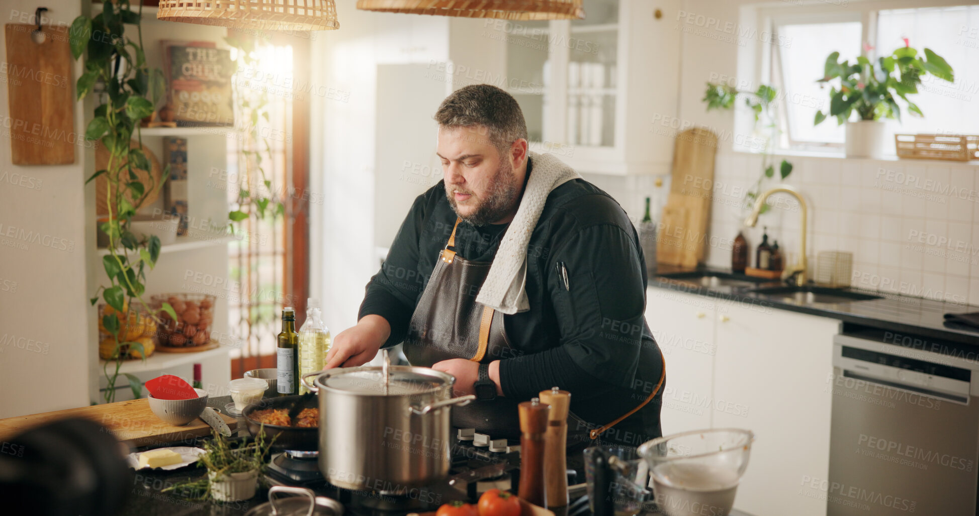 Buy stock photo Man, chef and cooking in kitchen for meal prep, diet and lunch or dinner service. Recipe, cuisine and nutrition with food or gourmet skills at home for wellness, small business or healthy ingredients