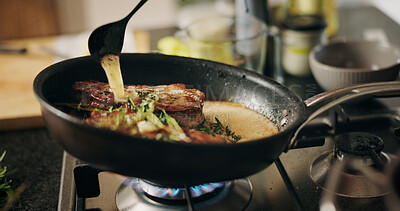 Buy stock photo Cooking, stove or steak in pan with sauce in kitchen for culinary skill, recipe or meal prep for dinner. Food, chef and person with beef, protein or seasoning for gourmet dish, ingredients or cuisine