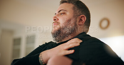 Buy stock photo Shoulder pain, stretching and joint with man in home for pressure, medical risk or fibromyalgia. Healthcare accident, injury and orthopedic crisis with person in apartment for tendon, sprain and hurt