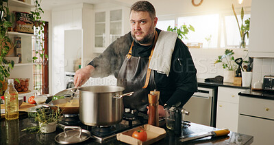 Buy stock photo Man, chef and portrait in kitchen for meal prep, diet and lunch or cooking. Recipe, cuisine and nutrition with food and gourmet skills at home for wellness, small business and healthy ingredients