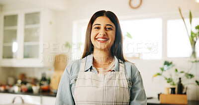Buy stock photo Portrait, chef and woman with smile, kitchen and confident for culinary skills, food industry or morning. Home, entrepreneur and person with pride for catering business, growth and opportunity in USA