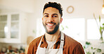 Portrait, chef and man in kitchen, confident and smile for culinary skills in restaurant or entrepreneur. Business, cook and person with apron for catering, proud and happy for growth of diner in USA