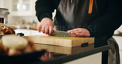 Buy stock photo Person, hands or chef cutting in kitchen with herbs for meal prep, dinner or catering service at home. Closeup, culinary artist or chopping board with ingredients for hospitality, recipe or flavor