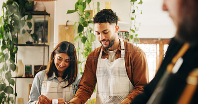 Buy stock photo Kitchen, learning and couple with chef, class and cooking with nutrition, ingredients and meal prep. Home, people and man with woman, culinary expert and professional with course, technique and help