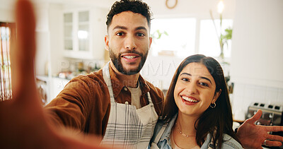 Buy stock photo Portrait, chef and selfie for friends, restaurant and memory for moment in kitchen, smile and confident. Food industry, man and woman with pride for catering business, photography and happy people
