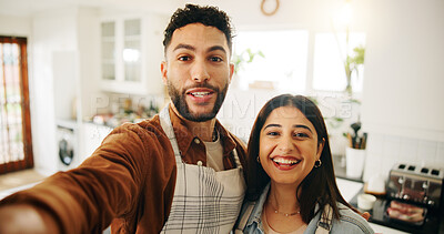 Buy stock photo Portrait, chef and selfie for friends, kitchen and memory for moment in restaurant, smile and confident. Food industry, man and woman with pride for catering business, photography POV or happy people