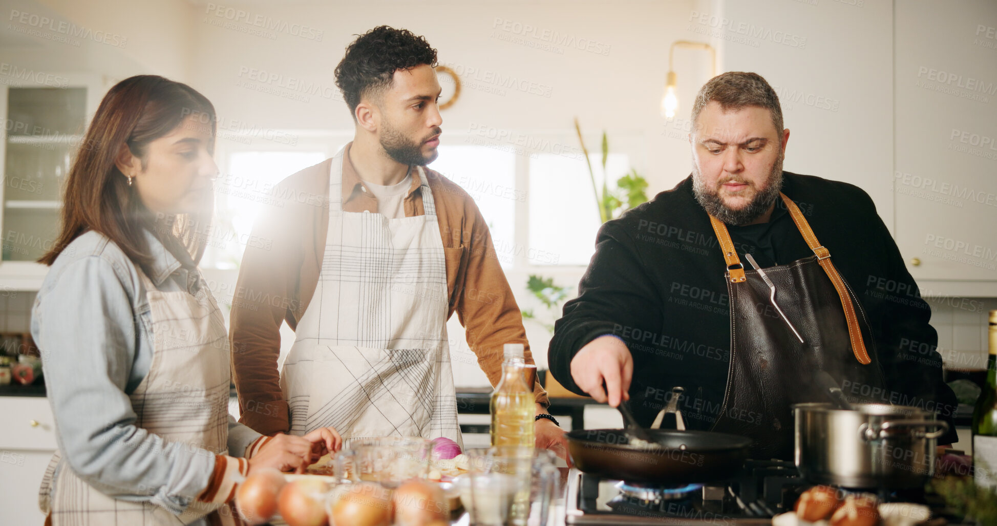 Buy stock photo Cooking class, chef and couple with learning tutorial in kitchen for meal preparation, recipe process or culinary skills. Professional, people or food lesson with dinner instructions, advice or steps