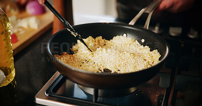 Buy stock photo Cooking, pan and rice with person in kitchen of restaurant closeup for diet, health or nutrition. Gas stove, ingredients and risotto with chef in hotel for gourmet cuisine, hospitality or service