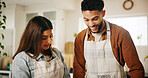 Laughing, cooking and couple in kitchen in home together for bonding, talking and connection, Happy, helping and man with woman for preparing meal, food or dinner for health diet in apartment.