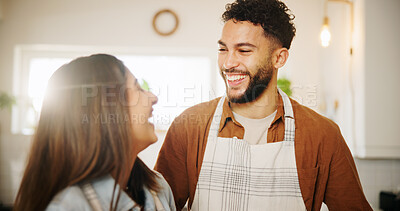Buy stock photo Couple, smile and help with cooking in kitchen for preparation of home meal or supper. Bonding, love and laughing with man and woman in apartment together for diet comedy, funny joke or nutrition