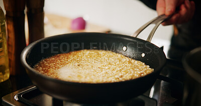 Buy stock photo Cooking, pan or risotto with hand in kitchen of restaurant closeup for diet, health or nutrition. Gas stove, ingredients and rice with chef person in hotel for gourmet cuisine, hospitality or service